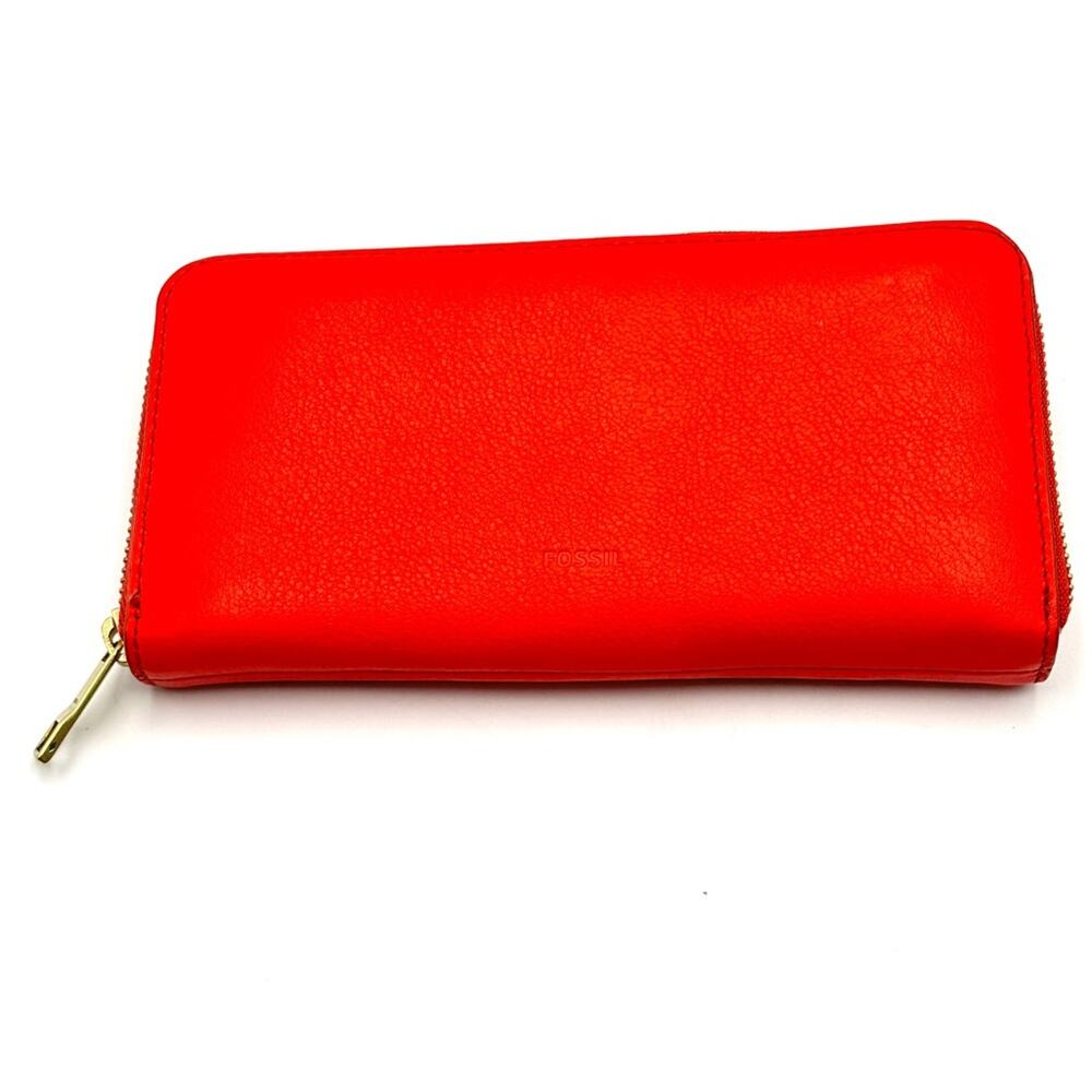 FOSSIL 4"x7 3/4" RED GENUINE LEATHER ID BILL CARD ZIP AROUND WALLET CLUTCH
